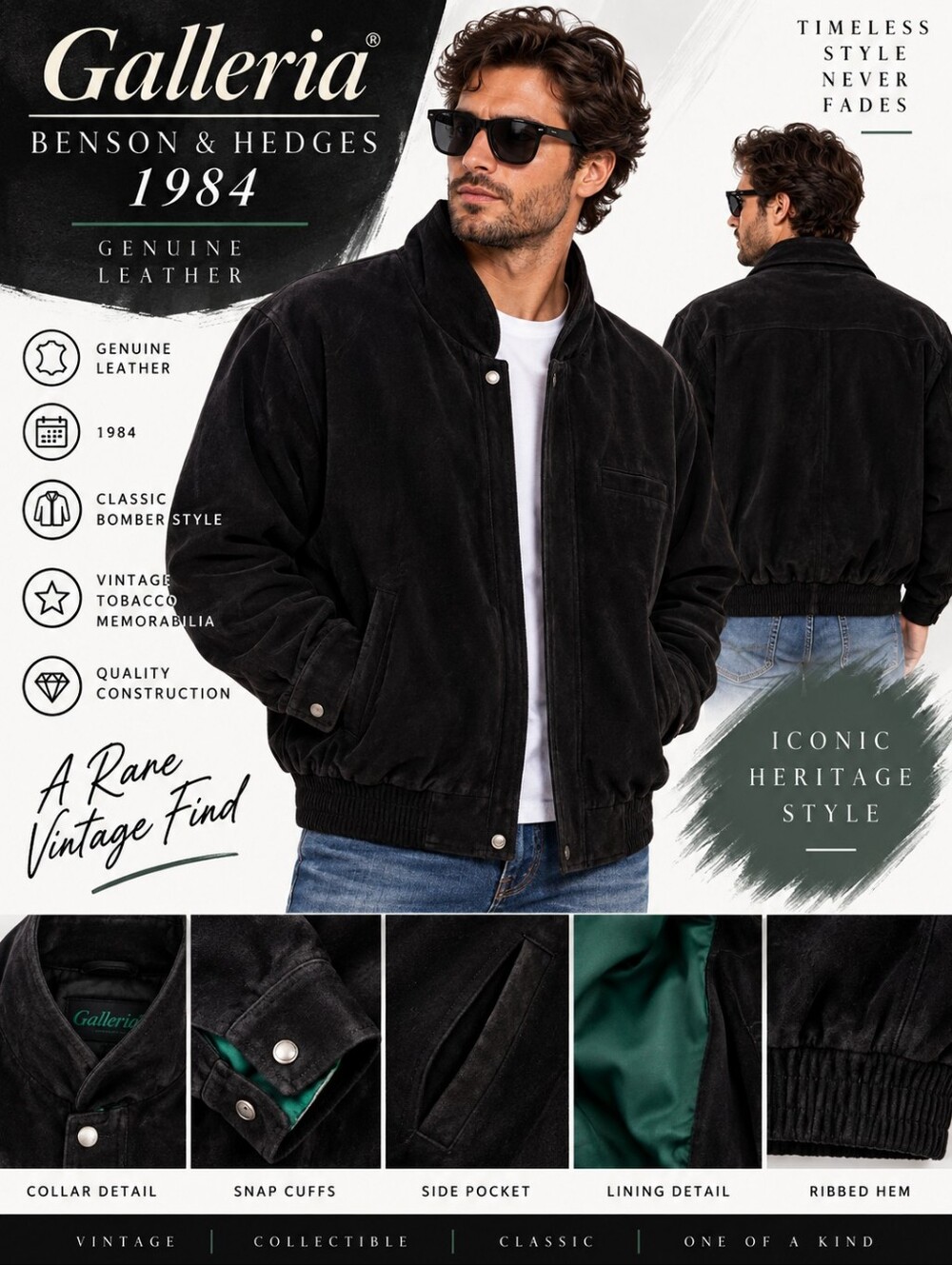 VINTAGE 1984 YKK Galleria Benson & Hedges Men's Genuine Leather Bomber J…
